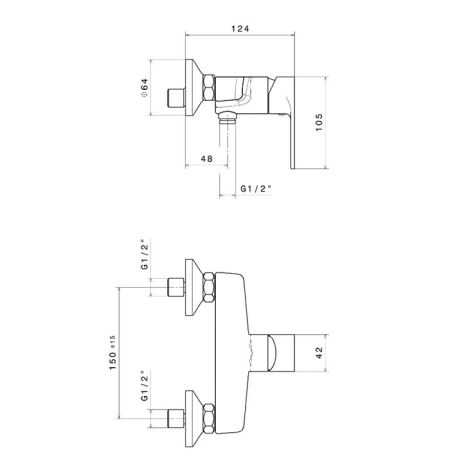 Смеситель для душа PIANO настенный без излива, хром глянец, артикул 69355KM.21.018