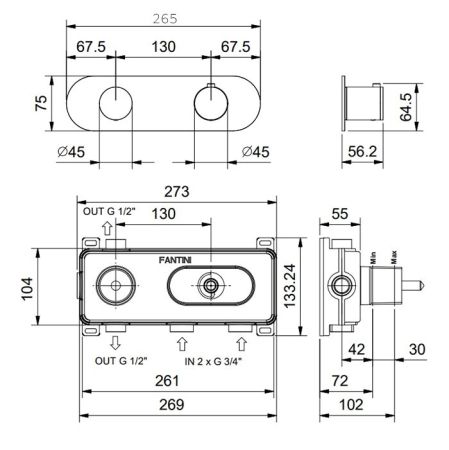 FANTINI AA/27 Смеситель настенный встраиваемый, термостатический, с переключателем на 2 положения, внешняя часть, отделка Matt Gun Metal PVD, артикул 33 P5 Y372B