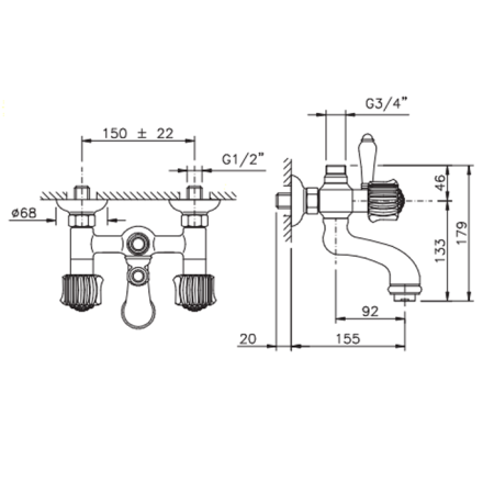 Nicolazzi Onice Смеситель для ванны настенный для душевой стойки, излив: 155 мм, цвет: хром, артикул 2100CR09O