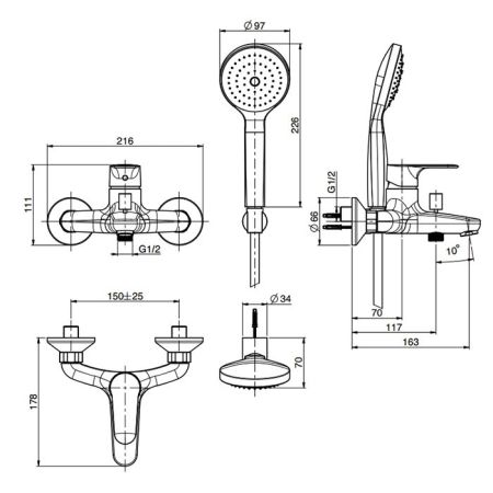Fima Carlo Frattini Serie 22 Смеситель для ванны, настенный, цвет: хром, артикул F3834/1CR
