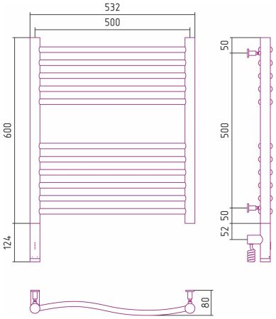 Полотенцесушитель, Сунержа, Флюид 3.0, электрический, ширина, мм-532, глубина, мм-80, высота, мм-724, межосевое расстояние-500, перемычка-выгнутая, нагревательный элемент-ТЭН, подключение-нижнее слева, электрокомплект-МЭМ, мощность, Вт-300, материал-нержа, артикул 31-5820-6050