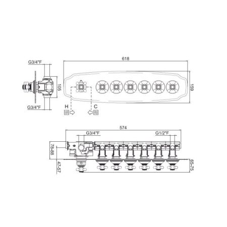 Carimali COLONIAL  Внешняя часть горизонтальная для термостатического смесителя с 6-ю независимыми выходами, цвет хром, артикул 21064EST/O-CR