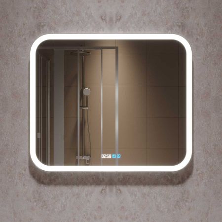 Зеркало LED VLM-2A800-2W  800x680 c сенсорным выключателем и диммером, часы+антизапотевание Зеркало LED VLM-2A800-2W  800x680 c сенсорным выключателем и диммером, часы+антизапотевание