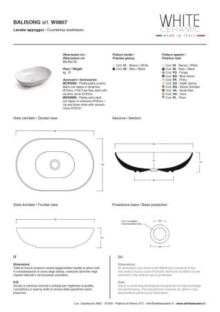 White Ceramic Balisong, накладная овальная раковина 60x40x15h см в комплекте с донным клапаном, цвет белый глянцевый, артикул W0807SET01/Balisong