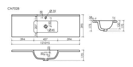 CN7028 Раковина мебельная накладная Компакт (Compact) 1210x395x170, цвет белый, артикул CN7028