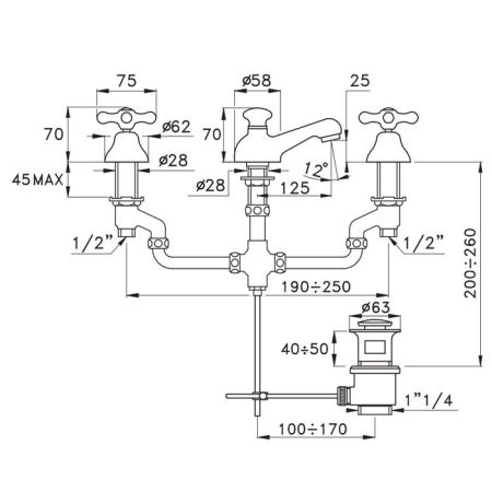 Stella Roma Смеситель для раковины на 3 отверстия 3224, с донным клапаном, цвет: хром, артикул RM 00011 CR00