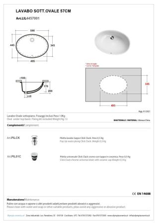 Olympia Sottopiano, подстольная овальная раковина 59х44,5 см, с крепежом, цвет белый глянцевый, артикул LIL4457001