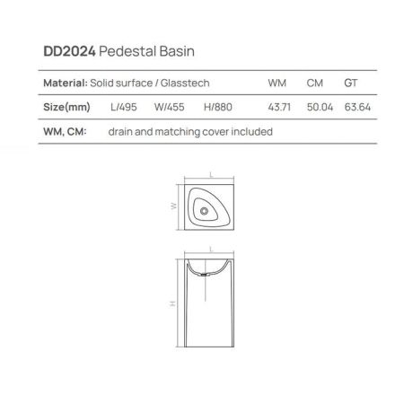 Раковина, DEA Design, Pedestal Basin, ширина, мм-495, глубина, мм-455, высота, мм-880, тип установки-напольный, отверстия для смесителя-отсутствуют, без перелива, материал-Glasstech, цвет-Dark Blue, артикул DD2024 495 R11
