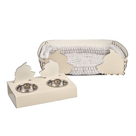 ADJ Подставка с мисками Dog, хром, 40x22xH7.5 см., цвет: панна котта/белый, артикул 1571D.16/10