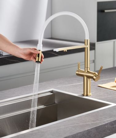 Смеситель для кухни с подключением фильтра для воды Rose R458G, золотой сатин