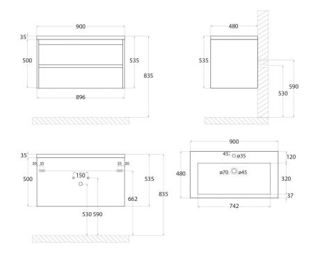 FAMILY База под раковину подвесная с двумя выкатными ящиками, Pino Bianco, 900x480x550, Family-900-2C-SO-PB, артикул Family-900-2C-SO-PB