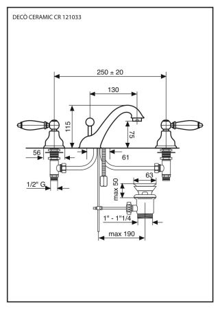 Смеситель Deco Ceramic с донным клапаном для раковины на 3 отверстия, цвет хром, артикул 121033CR
