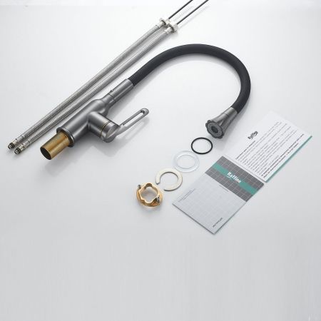 Смеситель для кухни с гибким изливом Raffine F303T-3, оружейная сталь