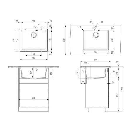 Кухонная мойка Ulgran Quartz Under 500-08, космос, артикул Under 500-08