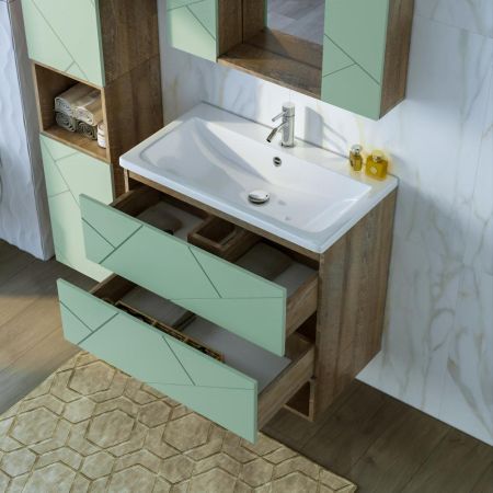 Тумба с раковиной и нишей Бриклаер КРИСТАЛЛ 80F, фисташковый/дуб гранж песочный, артикул КРИСТАЛЛ 80F