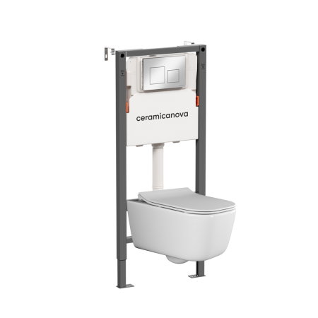 Комплект Подвесной унитаз Новый день (New day) Безободковый (Rimless) + Система инсталляции Баланс (Balance) кнопка Квадрат (Square), хром глянцевый, артикул CN3005_121002CH