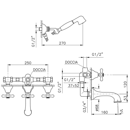 Nicolazzi Nuova Brenta Смеситель для ванны трехвентильный  встраиваемый, с душевой лейкой, излив: 160 мм, цвет: хром