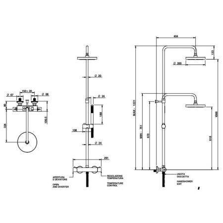 Bongio Colonne Doccia Душевая стойка с термостатическим смесителем, верхним душем Ø 200 мм., ручным душем и шлангом, цвет Nero Opaco, артикул 32557NERDPR