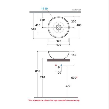 Globo Le Pietre Раковина накладная круглая 40*h14см, с донным клапаном, цвет Peperino grigio