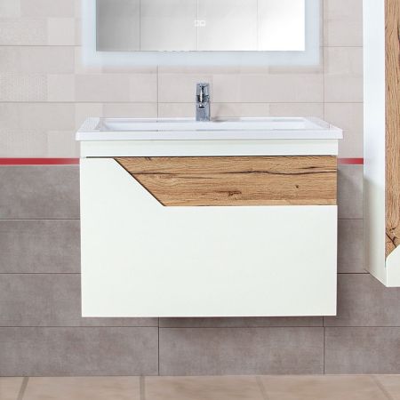 Тумба под раковину подвесная Бриклаер Брайтон белый/дуб, 80 см, артикул 4627125415821