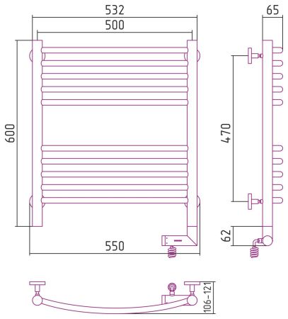 Полотенцесушитель электрический "БОГЕМА 2.0" 600х500 / МЭМ правый (Без покрытия), артикул 00-5203-6050
