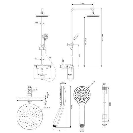 Термостатическая душевая система наружного монтажа OMNIRES Y Y1244LUXLGL (золото), артикул Y1244LUXLGL