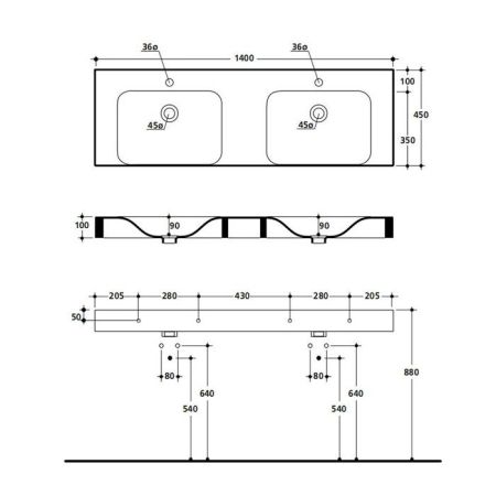 KERASAN Cento раковина двойная140х45 подвесная с 1отв на каждой раковине под смеситель, цвет белый