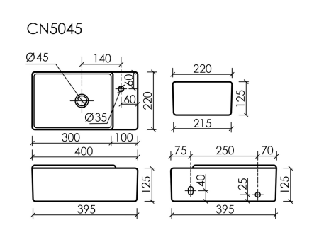 Умывальник подвесной прямоугольный (чаша слева, отверстие под смеситель справа) цвет черный матовый Элемент (Element) 395x220x125мм, артикул CN5045MB