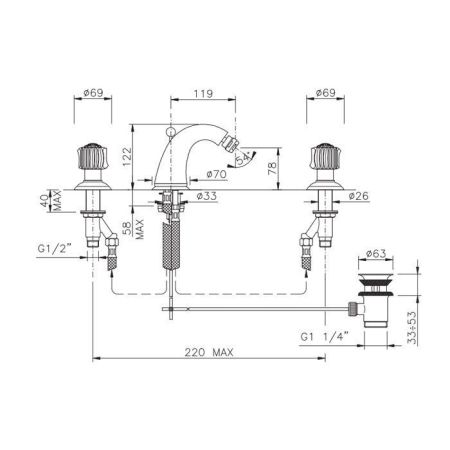 Nicolazzi Onice Смеситель для биде на 3 отверстия, излив: 119мм, цвет: золото
