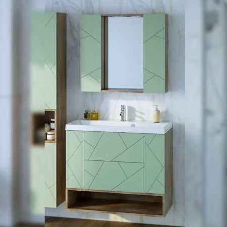 Комплект мебели для ванной Бриклаер КРИСТАЛЛ 90ZF, фисташковый/дуб гранж песочный, артикул КРИСТАЛЛ 90ZF