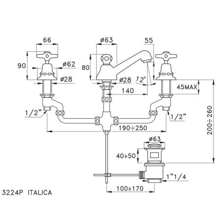 Stella Italica Смеситель для раковины на 3 отверстия 3224P, с донным клапаном, цвет: хром, артикул IT00013CR00