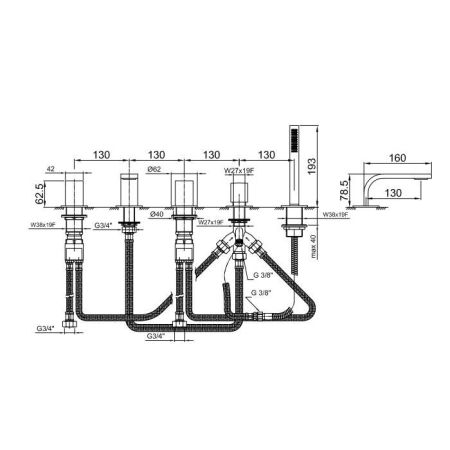 Fantini Venezia In Смеситель на борт ванны, 5 отв., излив 160мм, цвет: хром, артикул 29 02 N565S
