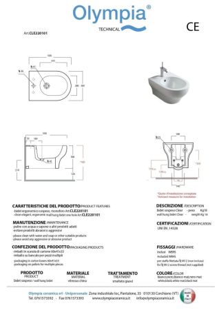 Olympia Clear, подвесное биде c крепежом, 50x36 см, цвет белый матовый