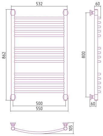 Полотенцесушитель, Сунержа, Богема +, выгнутая, водяной, ширина, мм-550, глубина, мм-105, высота, мм-862, межосевое расстояние-500, подключение-диагональное/нижнее/вертикальное, температура теплоносителя-до 95°С, мощность-Вт-497, присоединительный размер-