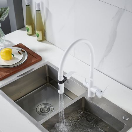 Смеситель для кухни с гибким изливом и подключением фильтра Shevanik S278C, белый, артикул S278C