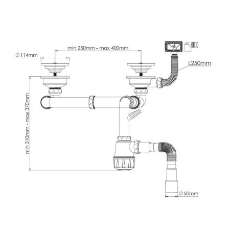 Сифон для кухонной мойки Nova NV1197, для двойной мойки, с отводом для стиральной машины, артикул NV1197