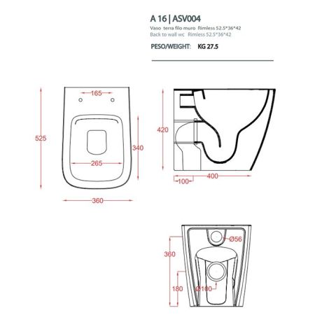 Artceram A16 Унитаз напольный Rimless 36х52 см, цвет cocoa, артикул ASV004 39 00