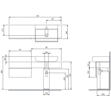 AZZURRA Charlotte База напольная под раковину 140х39х74 см, раковина справа, ящик слева  в цвете Cemento, цвет базы дуб, артикул MBCH140RC