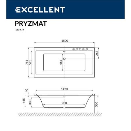Ванна EXCELLENT Pryzmat 150x75 "SOFT" (золото), артикул WAEX.PRY15.SOFT.GL