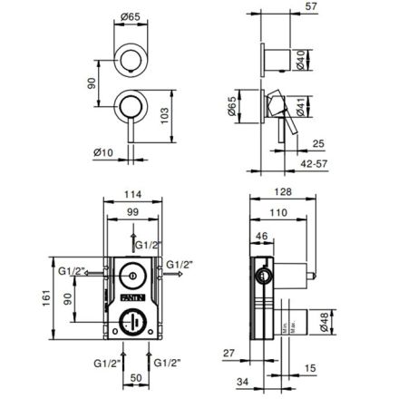 Смеситель для душа, Fantini, Nostromo, тип открывания воды-рычажный, монтаж-вертикальный встраиваемый (настенный), отверстия для монтажа-2, переключатель на 3 потока с поворотной кнопкой, цвет-черный матовый, артикул 50 13 G489B