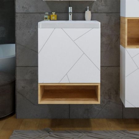 Тумба с раковиной и нишей Бриклаер КРИСТАЛЛ 50B, белый/дуб бунратти, артикул КРИСТАЛЛ 50B