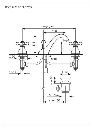 Смеситель Deco Classic с донным клапаном для раковины на 3 отверстия, цвет бронза