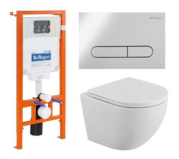 Комплект 3 в 1 Унитаз подвесной с сиденьем BelBagno UNO BB3105CHR/SC + Система инсталляции для унитазов BelBagno BB002-80  с кнопкой смыва BB005-PR-CH