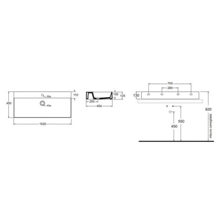 AZZURRA ELEGANCE Squared раковина подвесная/накладная  102х45см с 1 отв. под смеситель , цвет белый