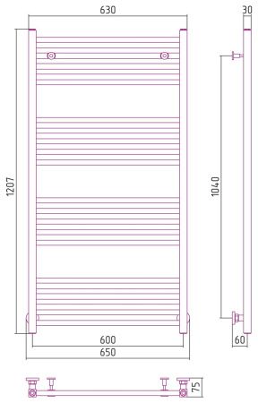 Полотенцесушитель, Сунержа, Модус, водяной, ширина, мм-650, глубина, мм-75, высота, мм-1207, межосевое расстояние-600, подключение-диагональное/нижнее/вертикальное, мощность, Вт-1107, присоединительный размер -НР G 1/2" / НР G 3/4" (эксцентрик), материал-