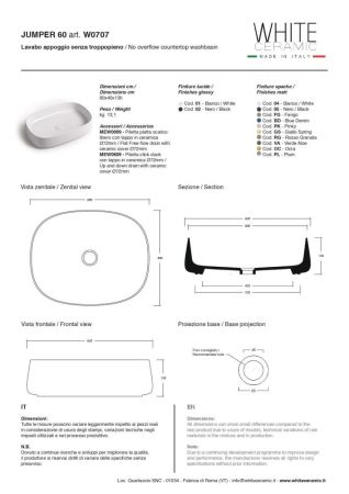 White Ceramic Jumper, накладная прямоугольная раковина 60x40x13h см в комплекте с донным клапаном, цвет белый глянцевый, артикул W0707SET01/Jumper