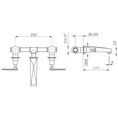 Nicolazzi Vincent Смеситель для раковины настенный, на 3 отв, излив: 177мм, цвет: хром, артикул 1077CR28