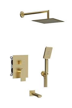 AQG Alpha, душевой комплект EC316 на 3 потребителя, с квадратным изливом, с квадратным верхним душем 25х25 см и кронштейном 35 см, цвет матовое золото