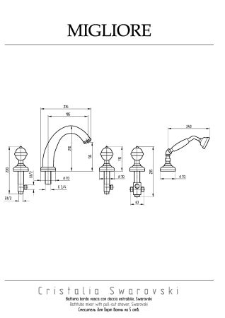 CRISTALIA См-ль на борт ванны, на 5 отв., ручки CRYSTAL, золото, артикул 27182