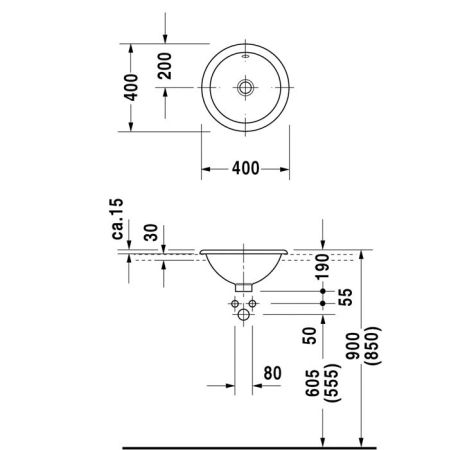 Duravit Architec Раковина  встр., для встраивания сверху, с перел., без площадки под смес., глазуровка снизу,Ø 400, Цвет: Белый